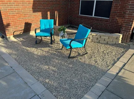 a backyard of a house with table and chairs