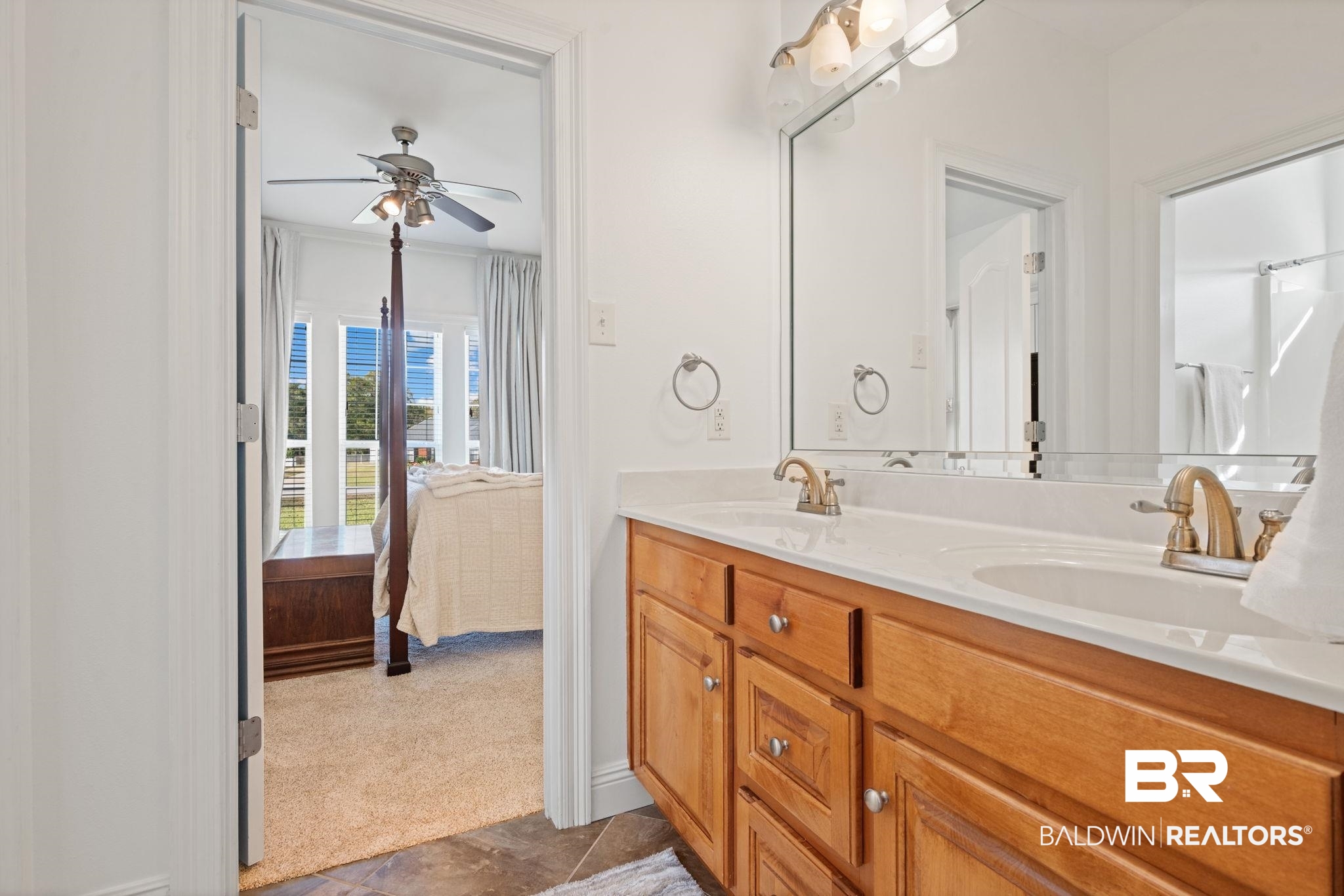 4771 Pecan Ridge East Mobile, AL 36619 - Photo 32 of 48 Full bathroom with double vanity, dark carpet, and ceiling fan