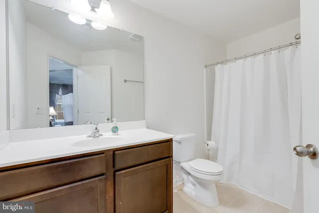 a bathroom with a sink a toilet a mirror and shower curtain