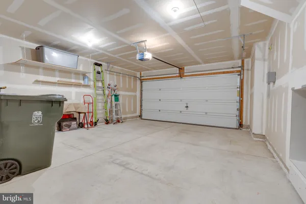 a view of a garage with storage