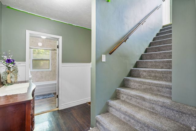 137 West 200 S Street Fairview, UT 84629 - Photo 18 of 34 Carpeted staircase with a wooden handrail, leading to an upper level
