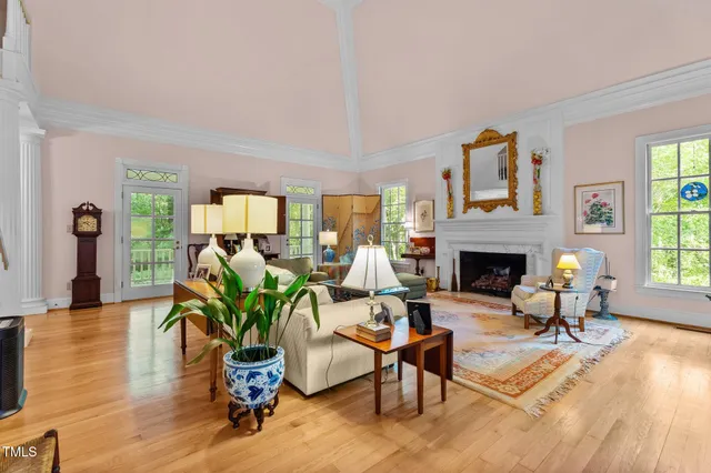 a living room with furniture a fireplace and potted plants with wooden floor