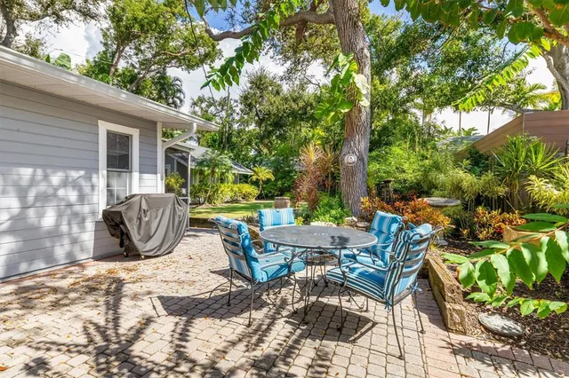 a view of a backyard with furniture