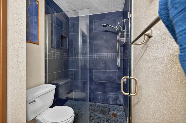 a bathroom with a toilet and a shower