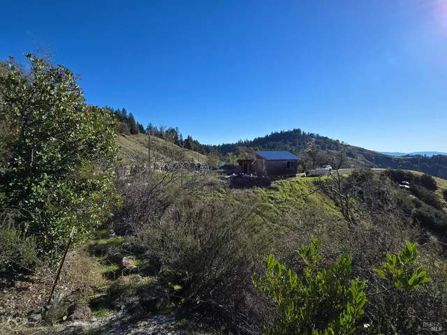 a view of a mountain with a field