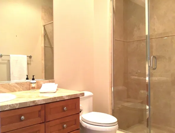 a bathroom with a granite countertop sink a toilet and shower