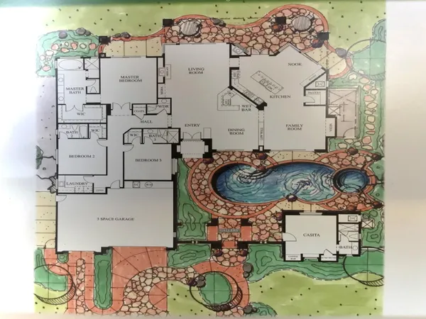 an aerial view of a highlighted house