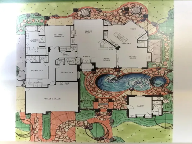 an aerial view of a highlighted house