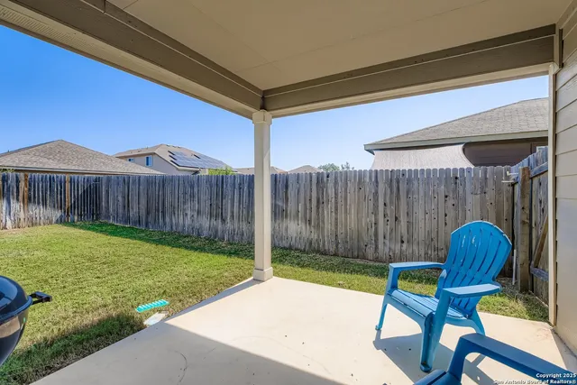 a garden view with a seating space