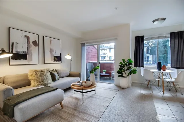 a living room with furniture potted plant and windows