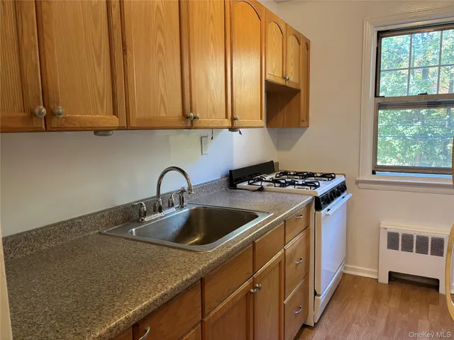 a kitchen with stainless steel appliances granite countertop a sink a stove and a microwave with wooden floor