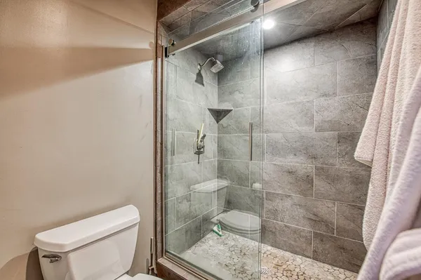 a bathroom with a toilet and a shower