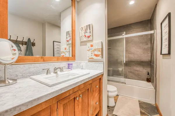 a bathroom with a sink a toilet and shower