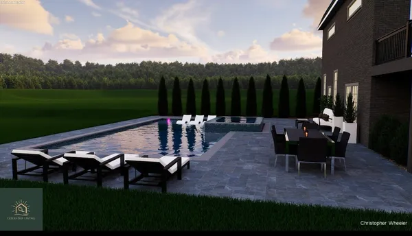 a view of a table and chairs in the garden