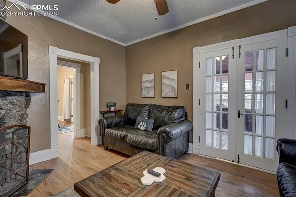 a living room with furniture and a fireplace