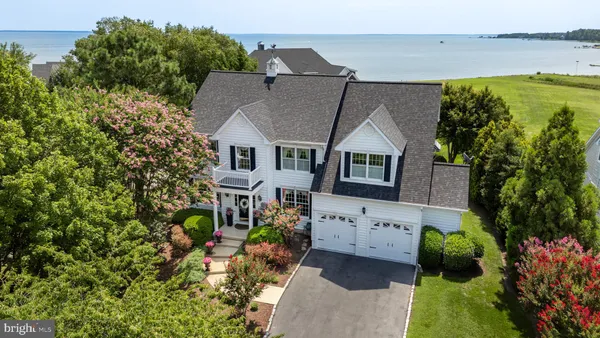 a aerial view of a house with a yard and potted plants