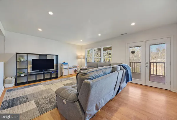 a view of a park with large trees