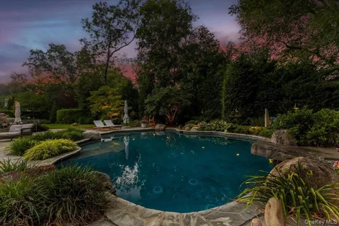 a view of swimming pool from a garden