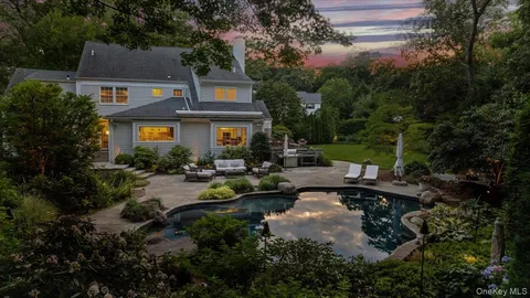 a view of swimming pool with lawn chairs and plants