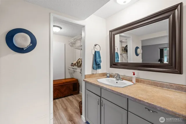 a bathroom with a sink and a mirror