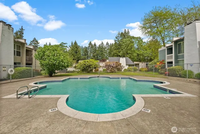 a view of a swimming pool in a backyard
