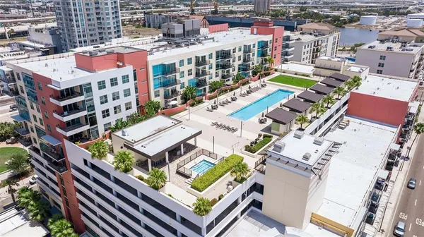 an aerial view of a multi story building