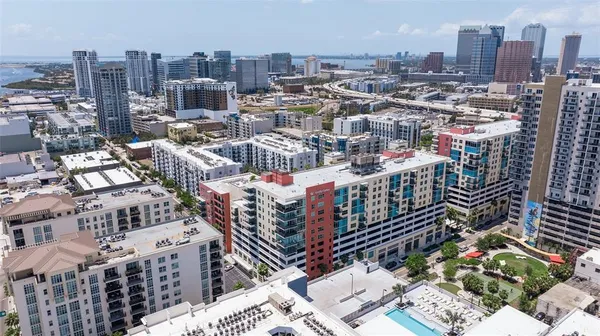 a city view with tall buildings