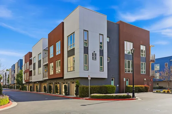 a view of a backyard with table and chairs plants and large trees