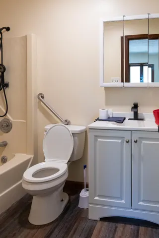 a bathroom with a granite countertop toilet sink and mirror