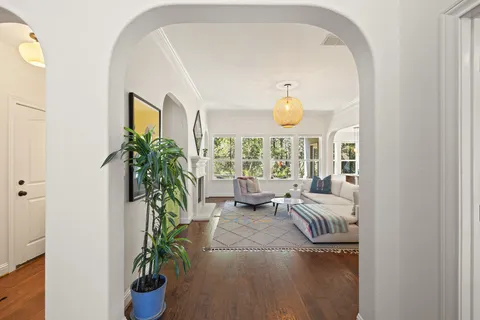 a living room with furniture and a potted plant