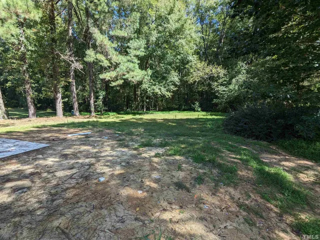 a view of a grassy field with trees in the background