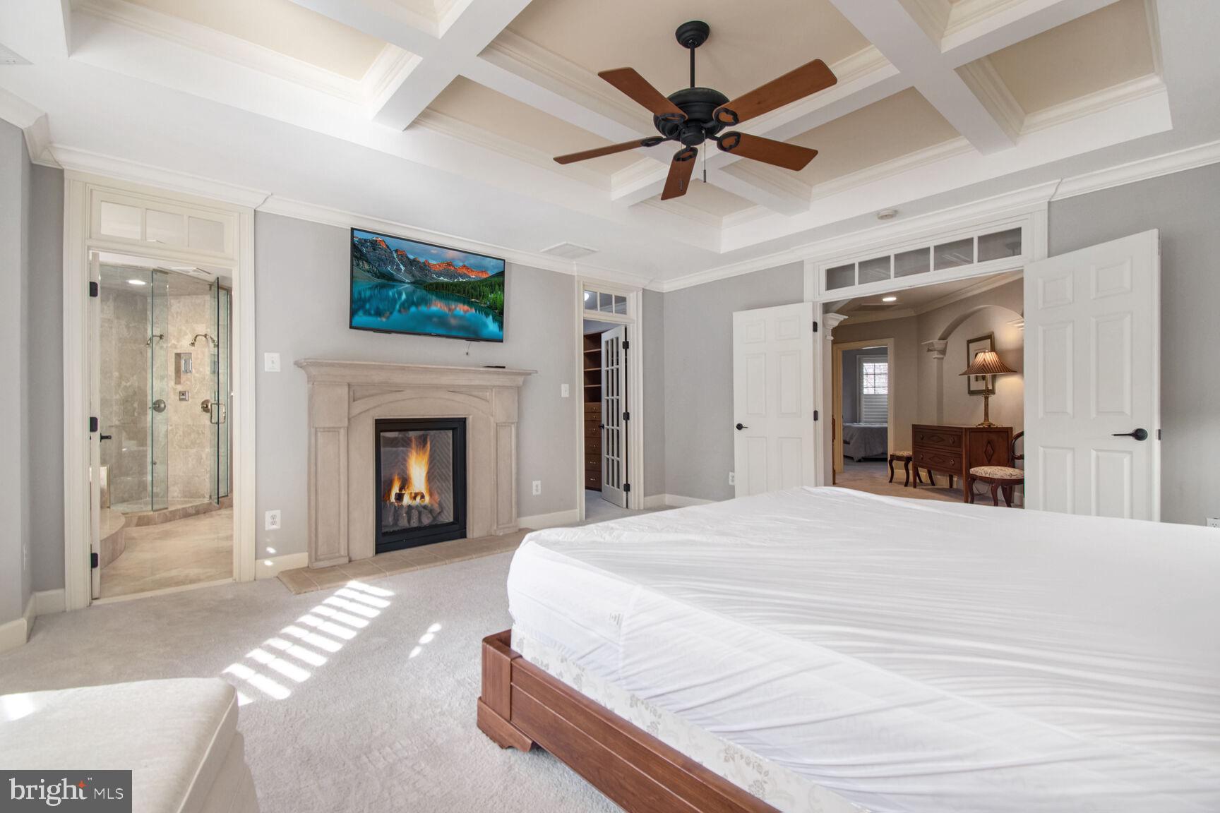 1550 Shelford Court Vienna, VA 22182 - Photo 29 of 60 a spacious bedroom with a large bed a chandelier and a fireplace