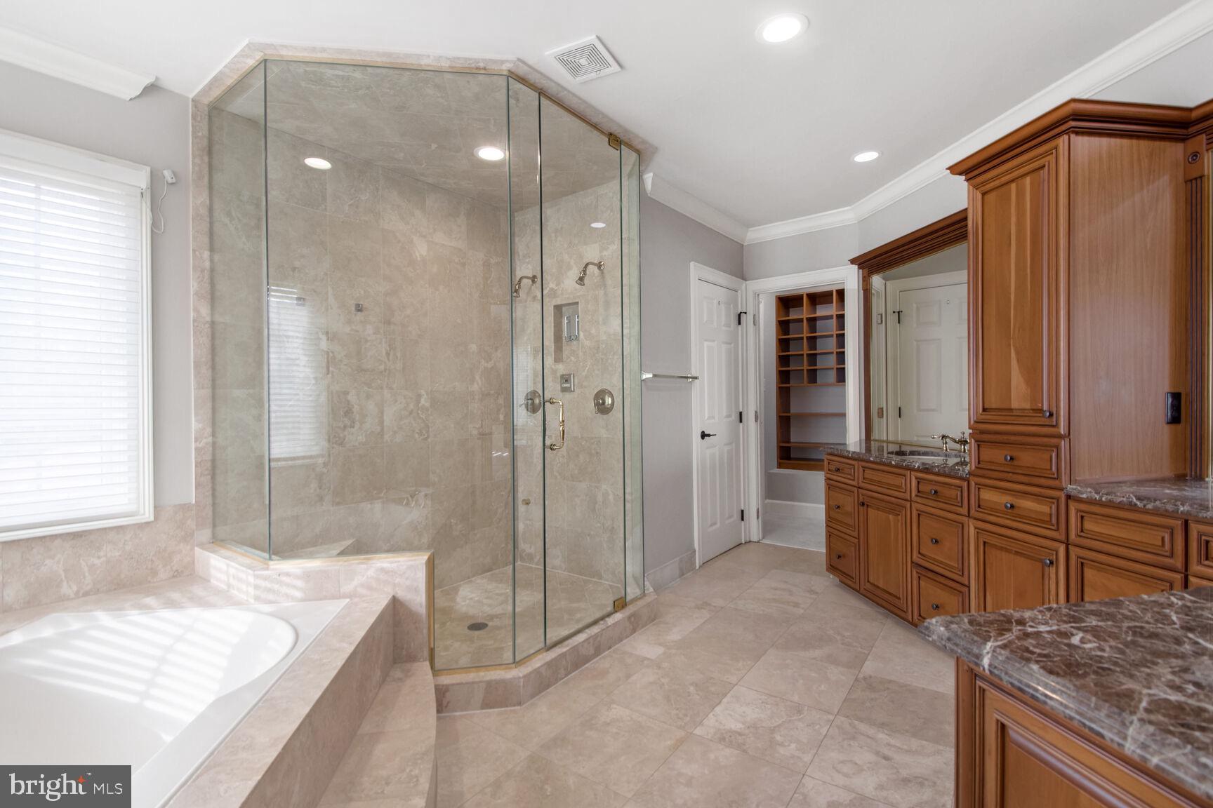 1550 Shelford Court Vienna, VA 22182 - Photo 39 of 60 a spacious bathroom with a granite countertop tub sink a mirror a shower and vanity