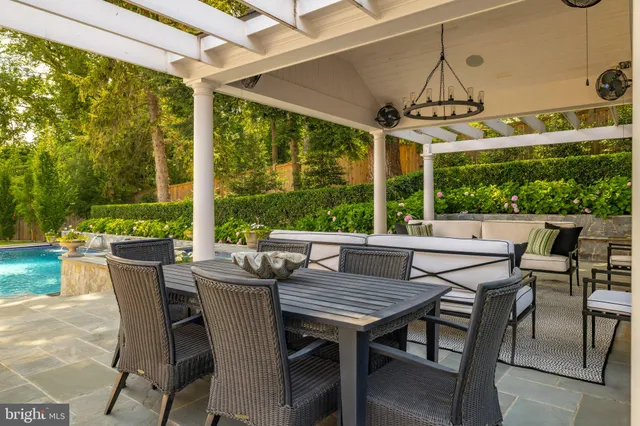 a view of a swimming pool with chairs in patio