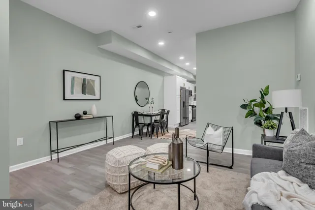 a living room with furniture and a potted plant