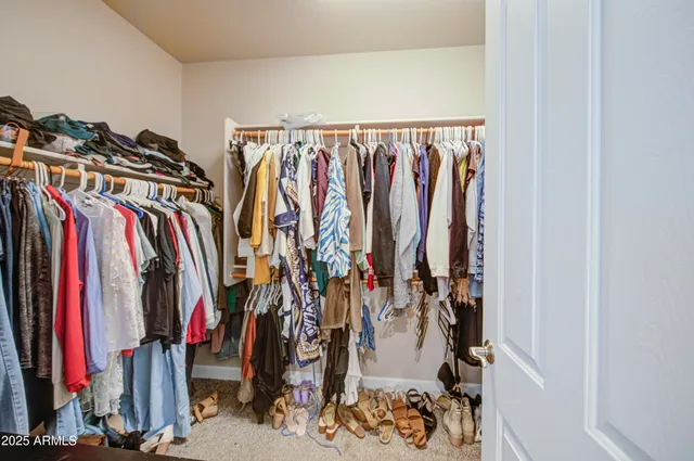 a view of walk in closet with clothes