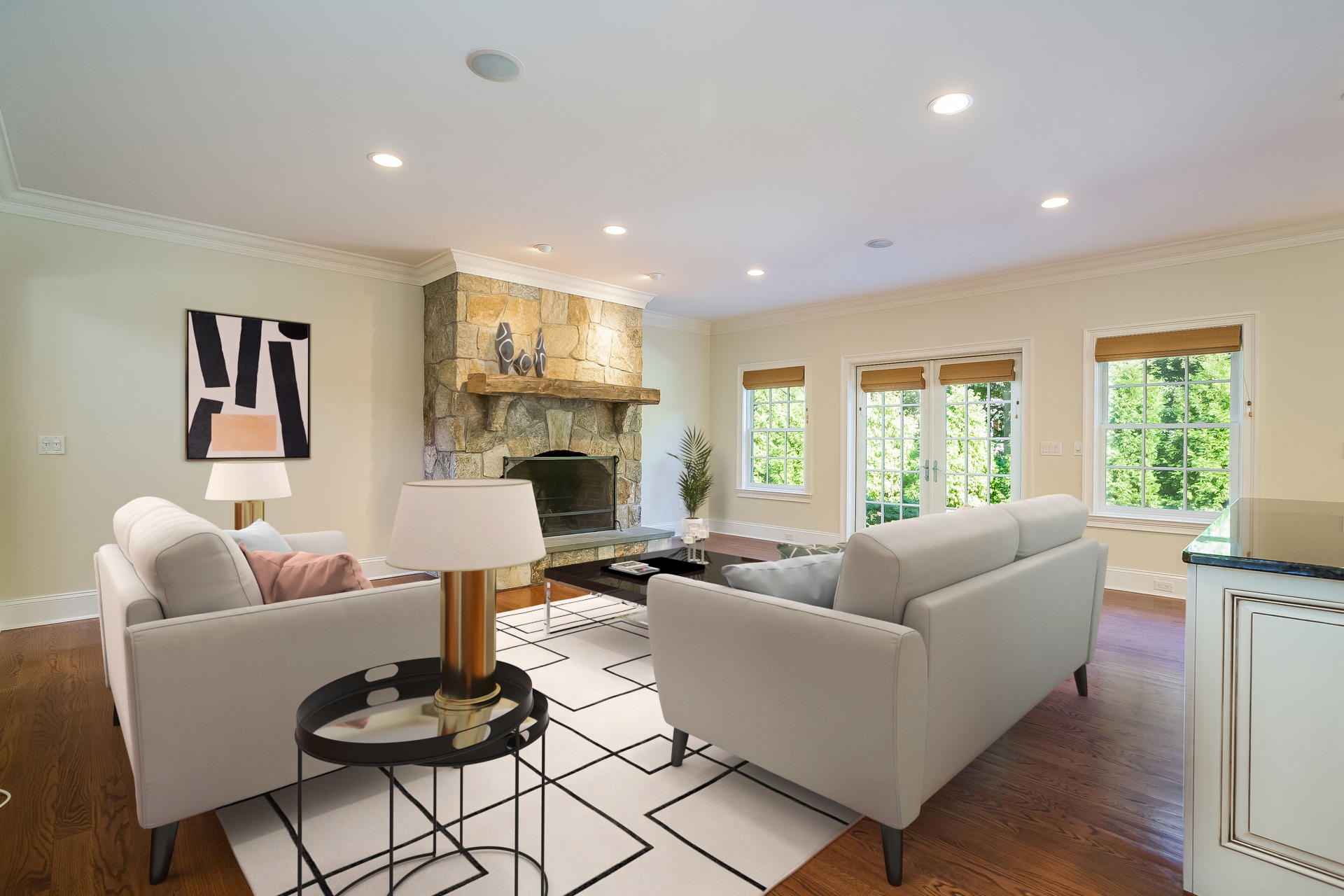 3 Bishops Gate Road Darien, CT 06820 - Photo 2 of 61 a living room with fireplace furniture and a large window