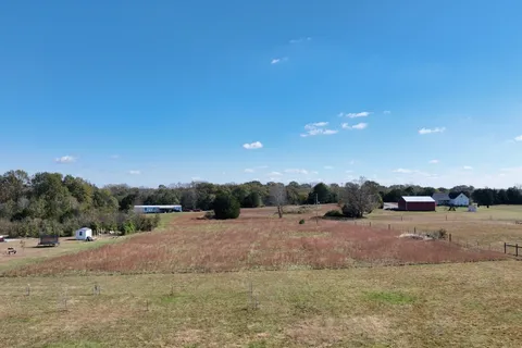 a view of a dry yard with trees in the background