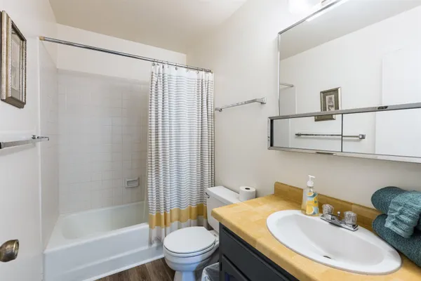 a bathroom with a sink toilet and shower