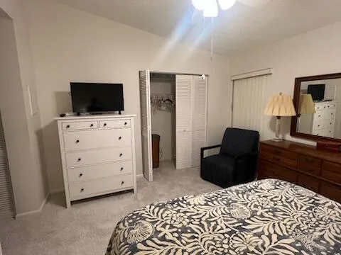 a bedroom with a bed and flat screen tv