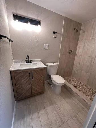 a bathroom with a sink a toilet a mirror and shower