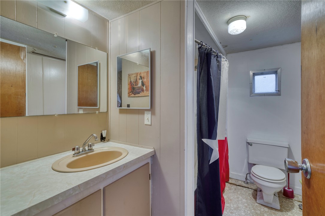 10232 Riley Green Road Franklin, TX 77856 - Photo 29 of 40 Bathroom featuring a textured ceiling, curtained shower, and vanity