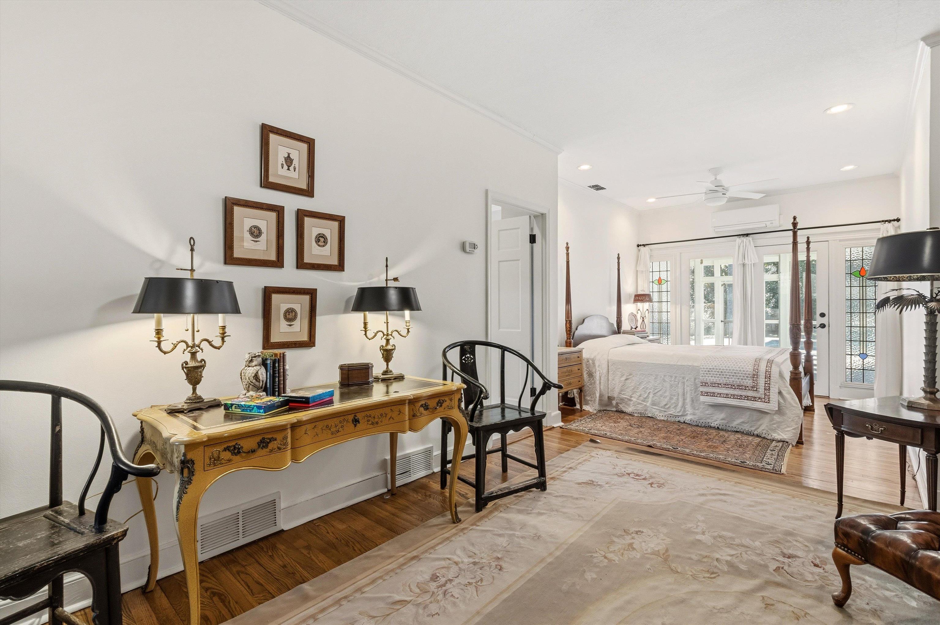 4009 Walnut Grove Road Memphis, TN 38117 - Photo 15 of 38 Bedroom with light wood-style floors, a ceiling fan, access to outside, an AC wall unit, and recessed lighting