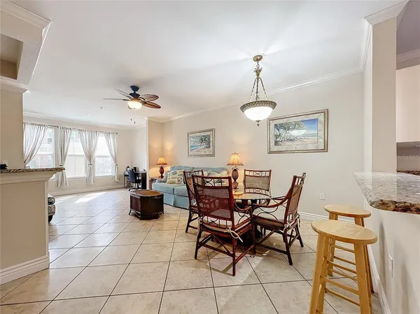 a view of a dining room with furniture