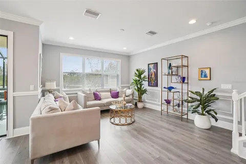 a living room with furniture and a potted plant