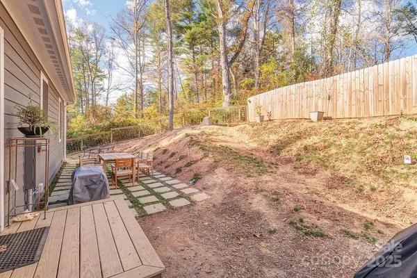 a view of backyard with wooden floor and fence
