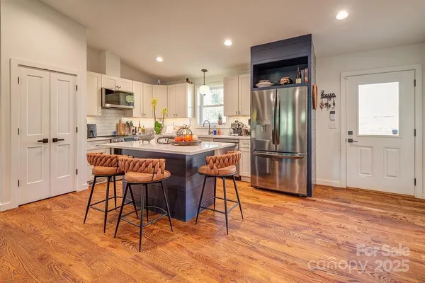 a view of a dining room with furniture