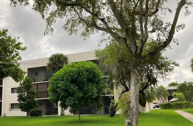 a view of a park with large trees