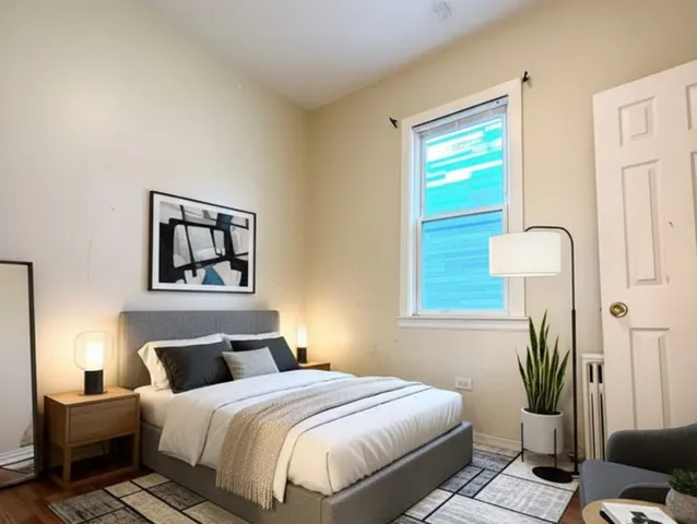 a bedroom with bed and window