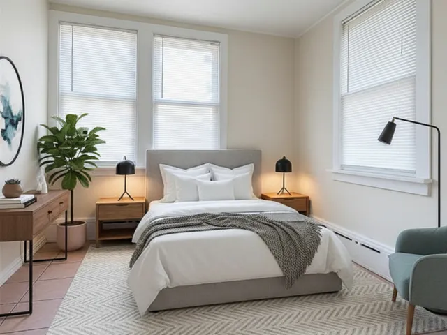 a bedroom with a bed and a potted plant